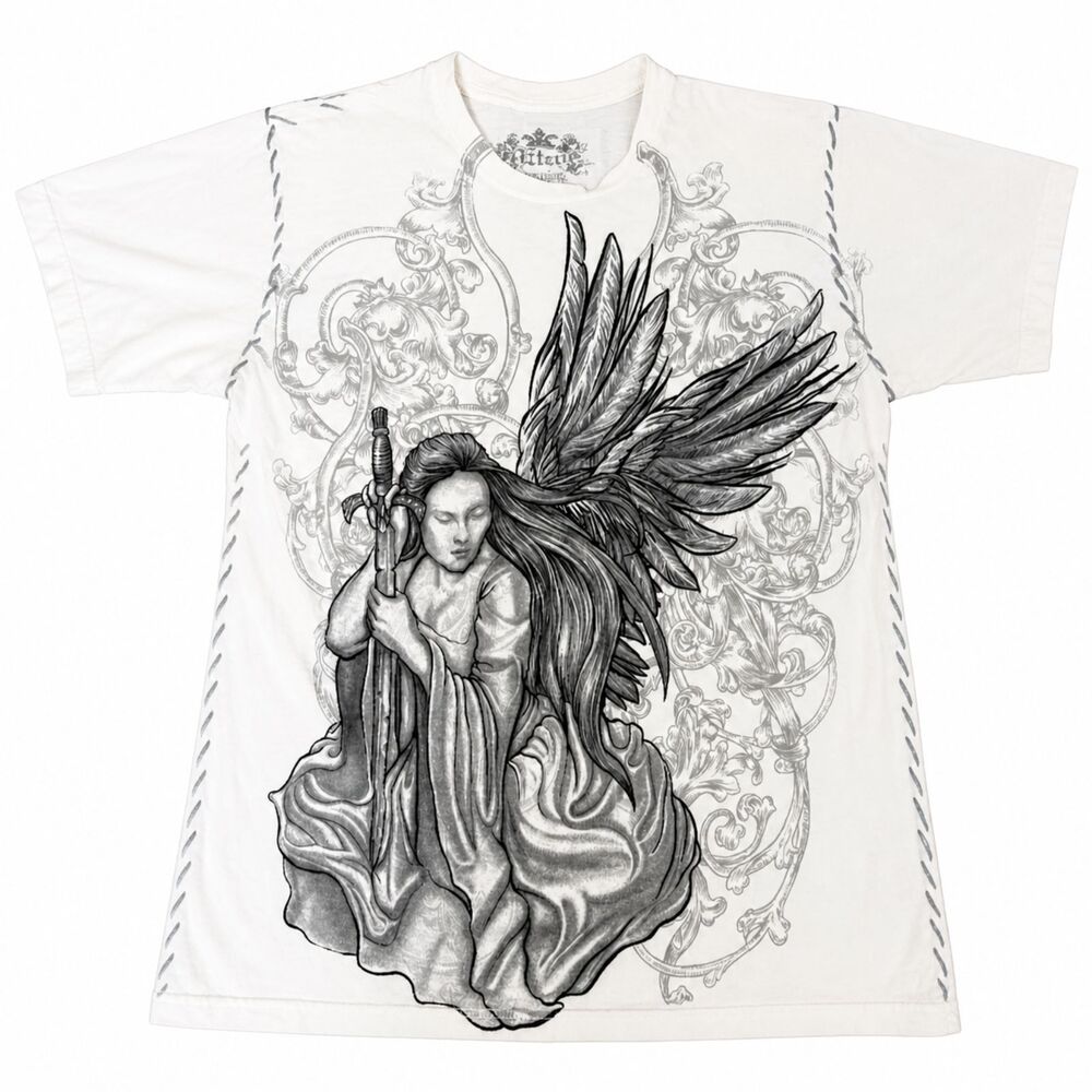 Etza Top M White Gray Gothic Angel Fairy Whimsigoth Graphic Boho Grunge